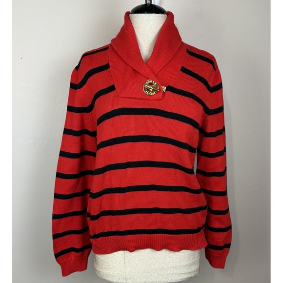 Ralph Lauren LRL Sweater Womens XL Red Stripe Gold Toggle Cotton Nautical Preppy - Picture 1 of 11